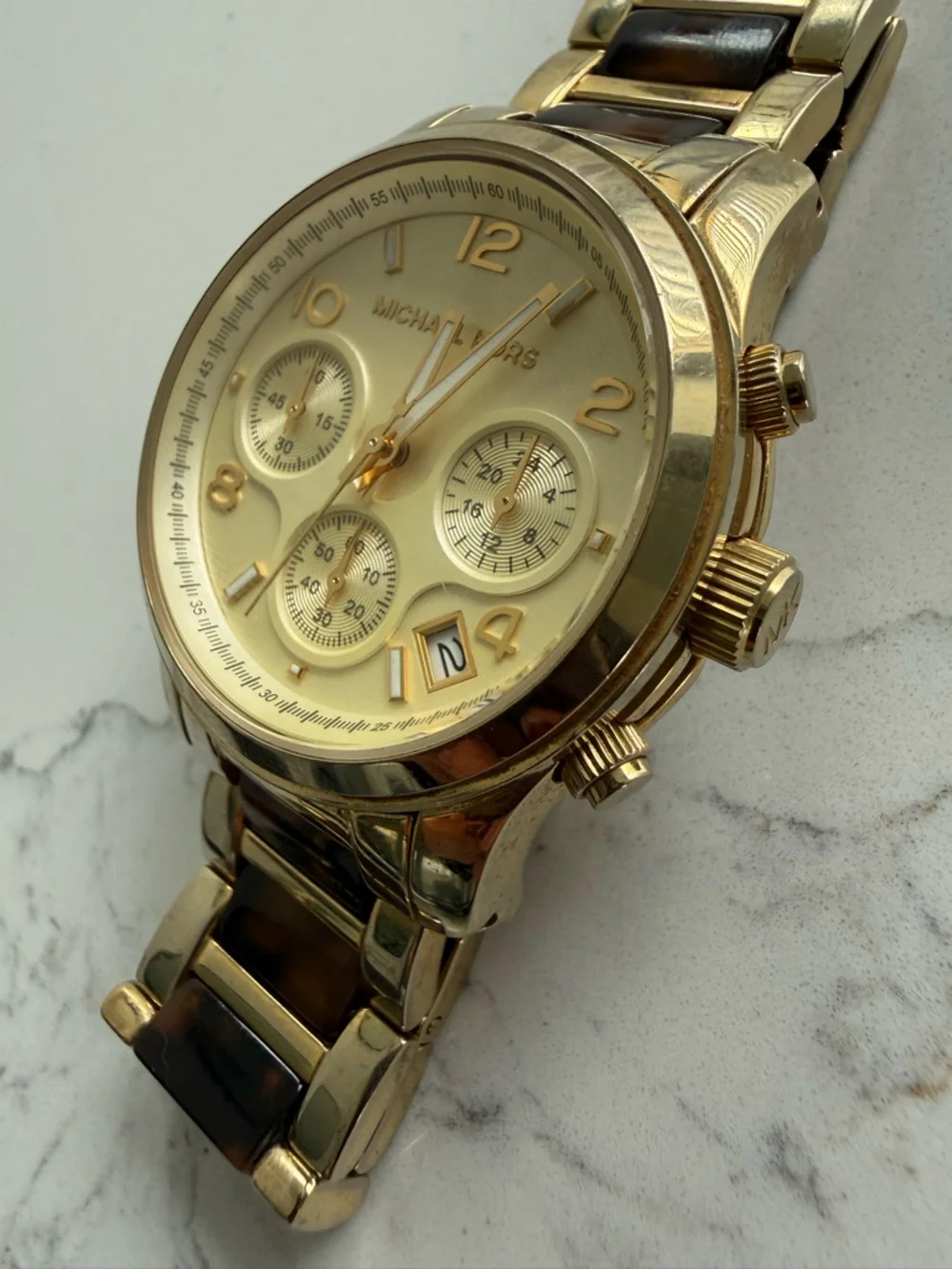 Michael Kors Gold and Tortoiseshell Link Chronograph Watch